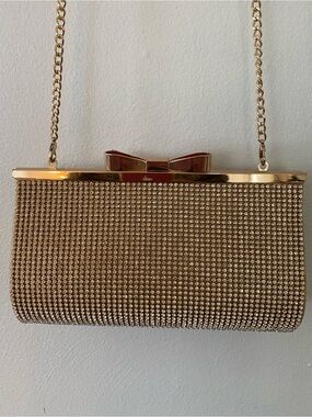 Gold Rhinestone Bow Chain Clutch - Elegant Evening Bag